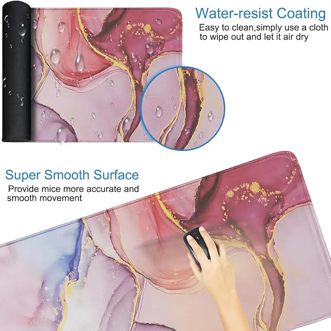 Extra Large Mouse Pad 31.5 x 11.8 in, Gaming Mousepad with Stitched Edges, Premium Microfiber Cloth Surface, Waterproof Non-Slip Base Keyboard Desk Mat for Home Office Gaming, Marble Pink