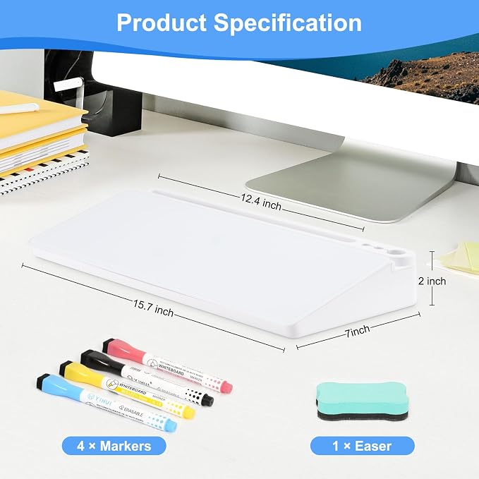 Desktop Glass Whiteboard with Storage, Desk Dry Erase White Board Stand | Computer Keyboard Stand, Office Desk Organizers and Accessories with Drawer, To Do Memo Notepad, Home School Supplies