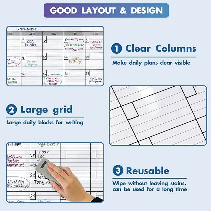 Large Dry Erase Board Calendar for Wall,Jumbo 2 Month Whiteboard 38 x 50 in | Extra Large Giant Huge Two Monthly Laminated Erasable Schedule,Big Oversized 60 Days Reusable Vetical Blank Poster for Family