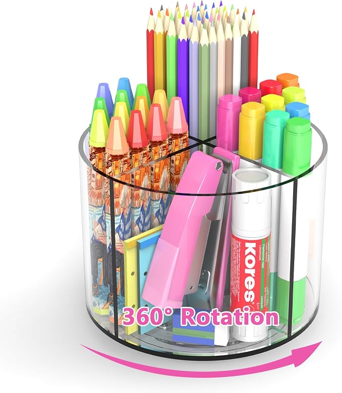Small Pencil Organizer for Desk Acrylic Art Organizer Clear 4 Compartments | Rotating Art Supply Organizer for Kid, Spinning Marker Caddy Pen Organizer for Desk, Acrylic Pen and Pencil Organizer Storage