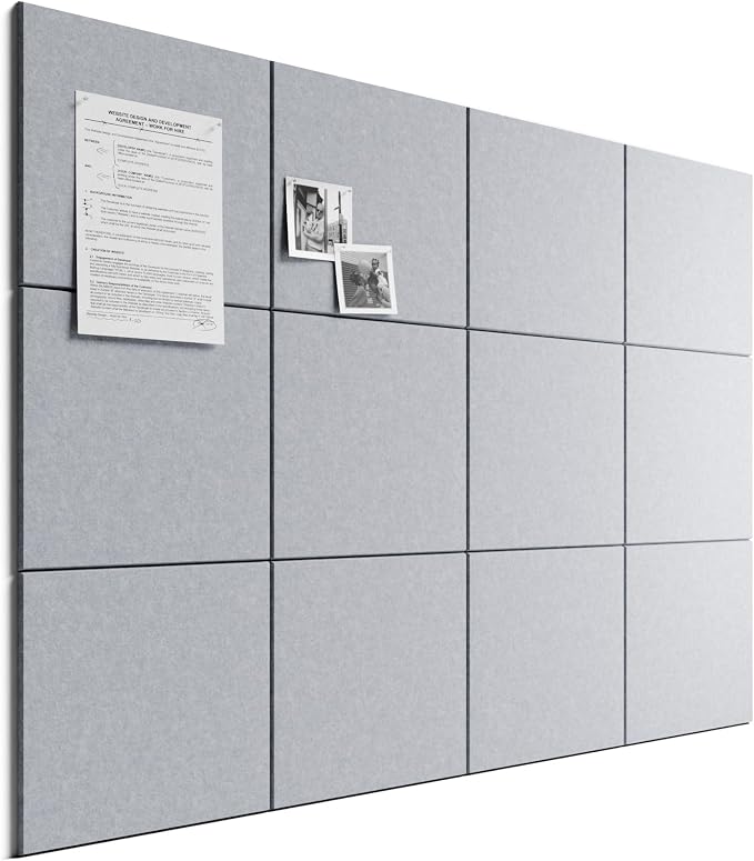 Bumusty 48"x 36" Large Felt Bulletin Board Tiles, Soft Gray | 12-Pack Cork Board Alternative, Wall Decor, 30 Pushpins, 60 Adhesive Tabs, Vision Board, Office, Classroom, Home, Dorm