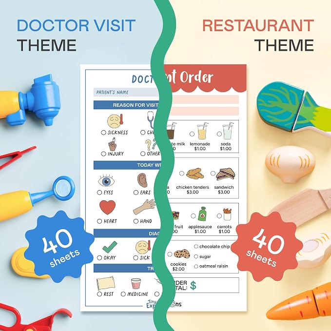 Pretend Play Notepads – Restaurant & Doctor | 40 Pages Order-Taking Restaurant Notepad, 40 Pages Doctor Visit Notepad, Waiter and Doctor Imaginative Role Play