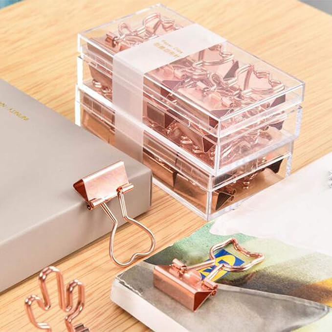 Cactus Binder Clips with Cute Rose Gold Medium Binder Clips in Acrylic Crystal Box for Office School and Home Supplies