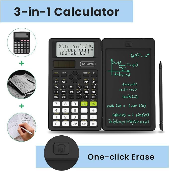 82MS Scientific Calculators School Supplies with Notepad ROATEE Black Stuff | Middle and High Back to School Girls Cute Stuff for Student, 240 Functions Foldable 2-Line Display Solar and Battery Power