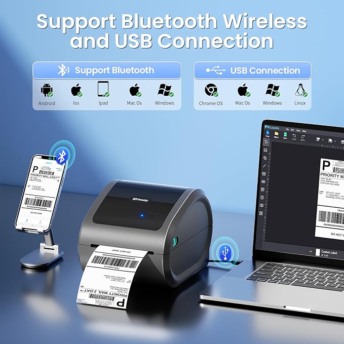 Bluetooth Shipping Label Printer 4x6 - D520BT Thermal Label Printer for Small Business, Thermal Printers with Built-in Label Holder, Compatible with USPS, Tiktok, Amazon