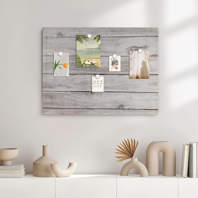 Decorative Magnetic Board for Wall, 24''x18'' Dry Erase Board, Gray Wood | Magnet Board, Display Board, Wall Mounted, for Home, Office, Kitchen, 2 Markers, 6 Magnets