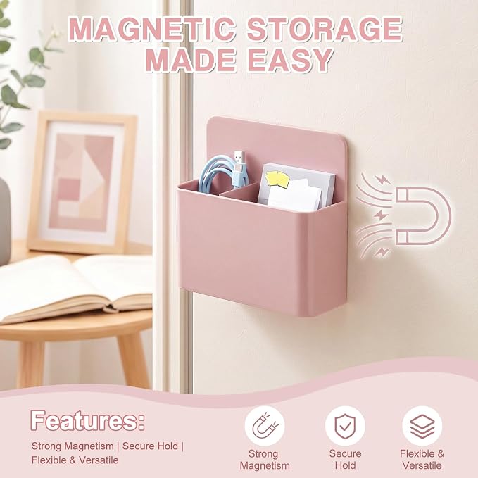Crtiin 3 Pcs Magnetic Pen Holder Set for Refrigerator, Magnetic Desk Organizer with 1 Large 2-Compartment and 2 Small Holders, Marker Holder for Refrigerator, Whiteboard, Home Office(Pink)