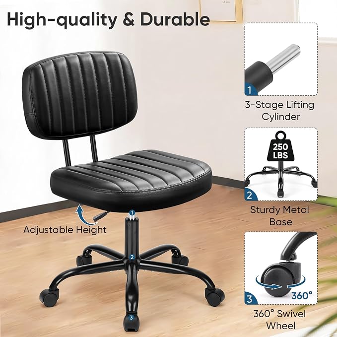 DUMOS Home Office Chair, Ergonomic Computer Desk Chair, Lumbar Support | Armless Height Adjustable, PU Leather, 360 Swivel Wheels, Small Space, Adults, New Black