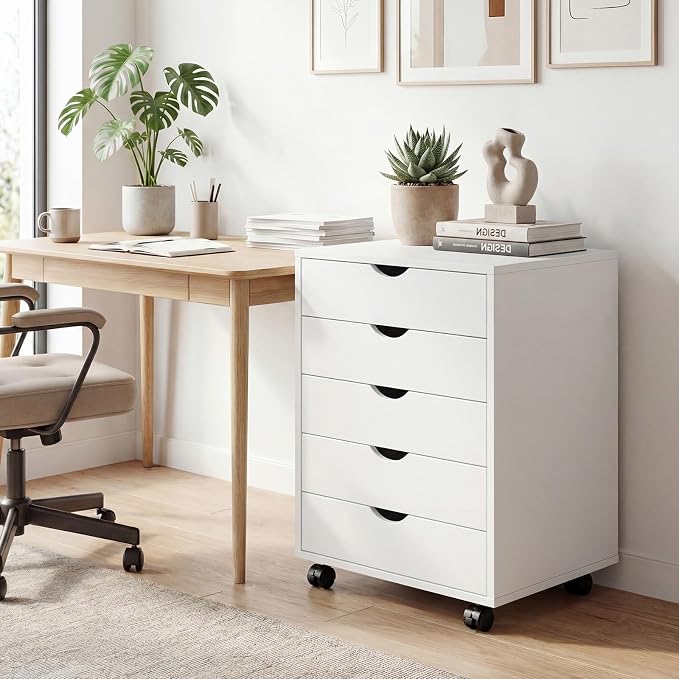 5 Drawers Mobile File Cabinet, Printer Stand Storage Cabinet | Under Desk Storage with Wheels, Vertical Filing Chest Rolling Wood Small Organizer for Home Office, Living Room, Light White