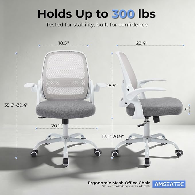 amseatec Mesh Office Chair, Ergonomic Home Office Chair with Flip-Up Arms | Breathable Mesh Back & 3" cushion. BIFMA Certified. 90-110° Rocking. Supports 300 lbs.