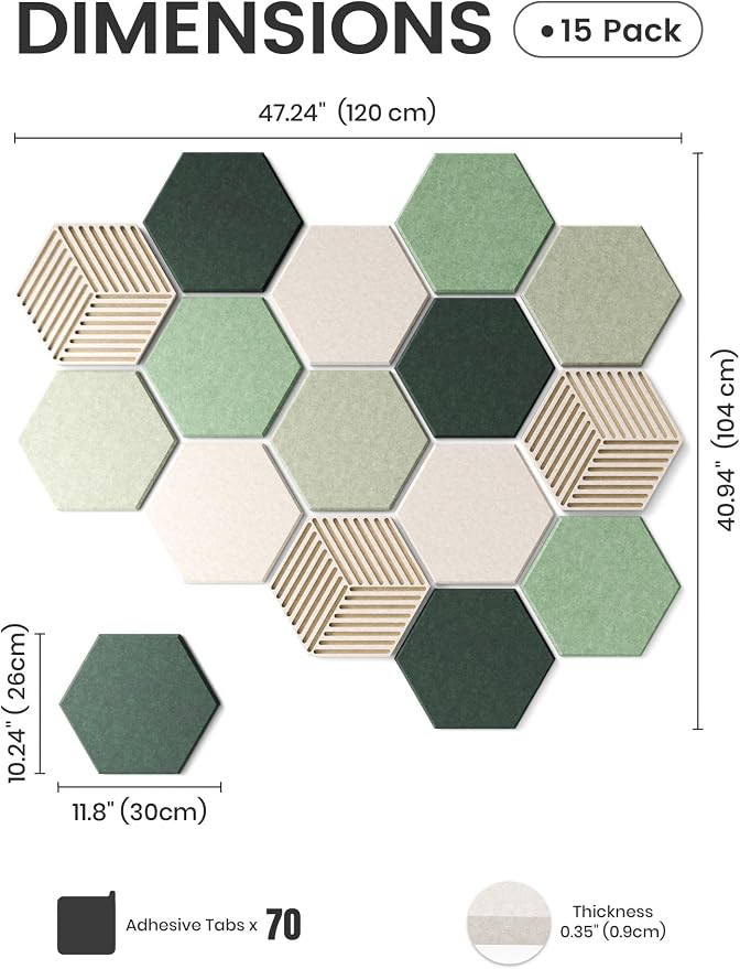 Fluxynara 15-Pack Hexagon Felt Bulletin Board Tiles, Sagewood | Cork Board Alternative with 70 Adhesive Tabs for Vision Boards and Wall Decor in Homes, Offices, Classrooms, and Dorms