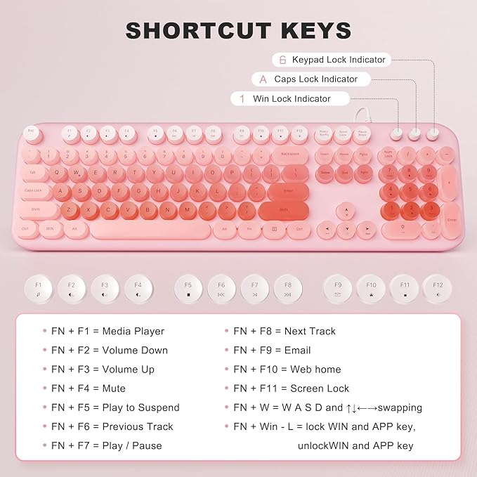 Computer Keyboard Wired, Plug and Play USB Retro Round Typewriter Keyboard, Full Size Wired Keyboard with Foldable Stands for Laptop and Office PC