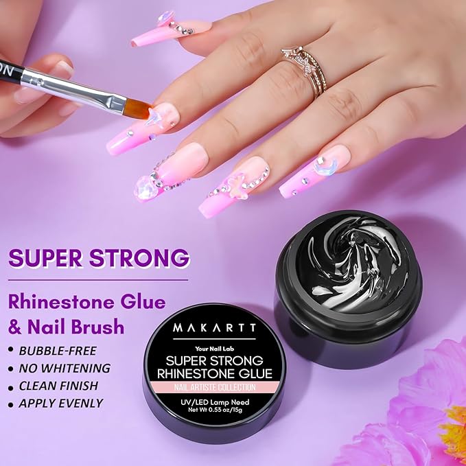 Makartt Rhinestone Glue for Nails, 15ml Clear Nail Gem Adhesive with Brush Kit for 3D DIY Decorations, Super Strong Bling Gel for Jewelry Diamonds