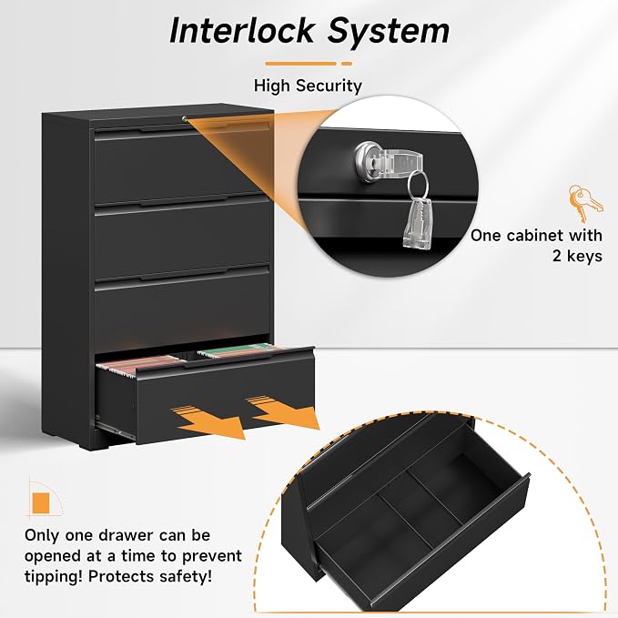 Bestoo 4 Drawer File Cabinet, Metal Lateral Filing Cabinet with Lock | Lockable Drawers, Large Storage Capacity, Heavy Duty Build, Smooth & Quiet Slides, Suitable for Letter/Legal/F4/A4 Size