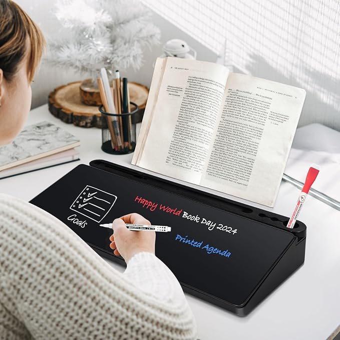 DOLLAR BOSS Glass Desk Whiteboard Small Dry Erase Board, All Black | Desktop White Board with Storage Drawer, Computer Keyboard Stand, Desk Organizer, Office Supplies, With Markers, Rag
