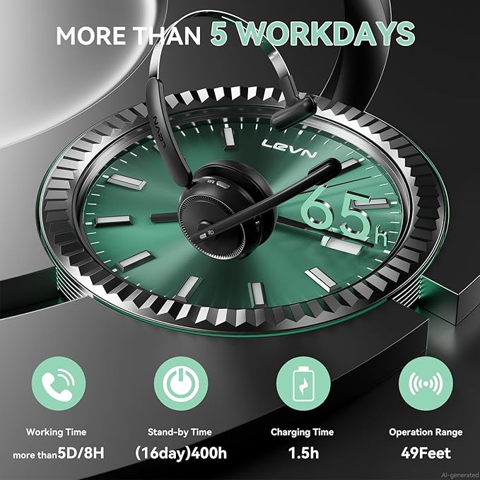 LEVN Wireless Headset 5.2 for Call Center, BluetoothHeadphones with Mic for Work(Noise Cancelling), 65 HoursWoktime & Mute Button,Wireless Headset for Work fromHome/Office/PC/Computer/Laptop(Black)