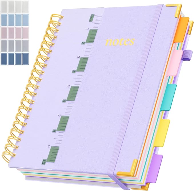 XYark A4 Hardcover Spiral Notebook, 8.5"x11" College Ruled Notebooks with Removable Dividers Tabs & Ruler, 5 Subject Notebook 300 Pages, Large Lined Journal for Women School Work Office, Light Purple
