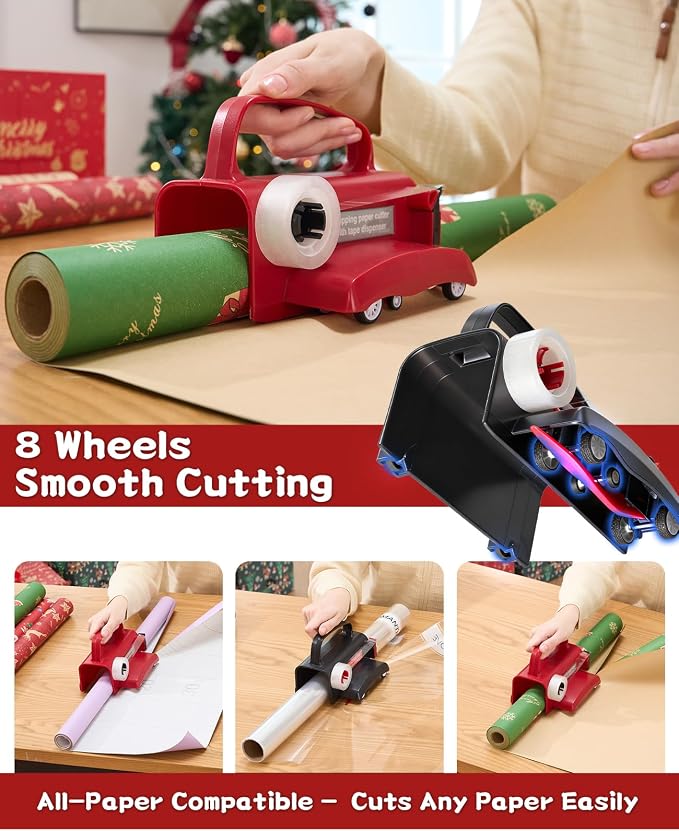2-Pack Wrapping Paper Cutter with Wheels & Tape Dispenser - Gift Wrap Tool Kit with Replaceable Blades for Christmas, Birthday - Safe, Efficient, and Precise Cutting