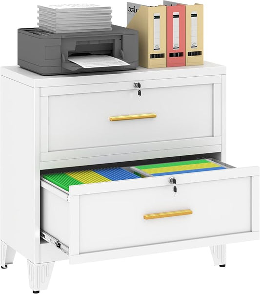 2 Drawer Metal File Cabinet with Lock,Lateral Filing Storage Cabinets,Steel Wide File Organization for Legal/Letter/A4/F4 Size with Hanging Files&Key,Lockable Printer Stand for Home Office, White