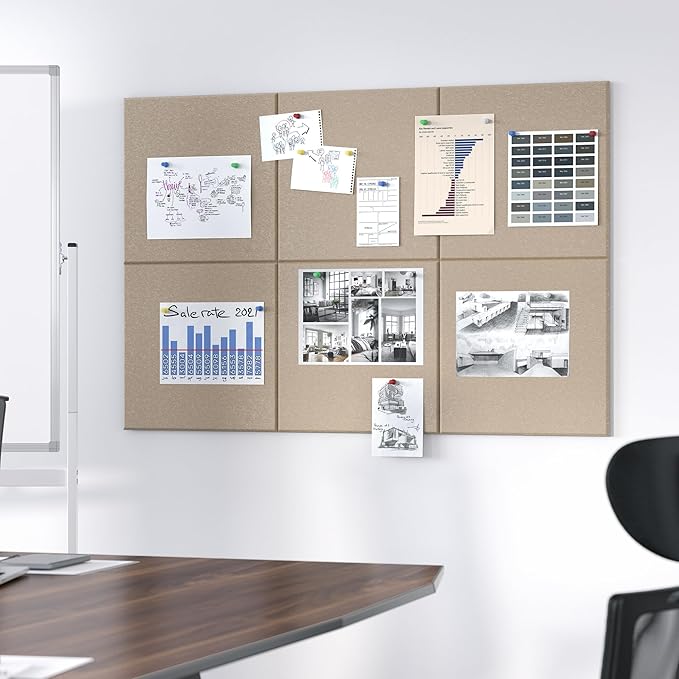 Large Cork Board for Wall, 36" x 24" Bulletin Board with Pushpins, 6 Panels Felt Tiles Tack Push Pin Board for Office, Tan
