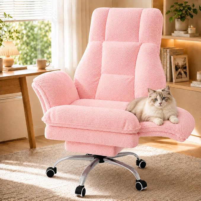 Big and Tall Office Chair with Footrest & Flip Armrests | Teddy Fleece Ergonomic Desk Chair, for Pets & Cross-Legged Sitting, Wide Seat Reclining Executive Computer Chair, Pink