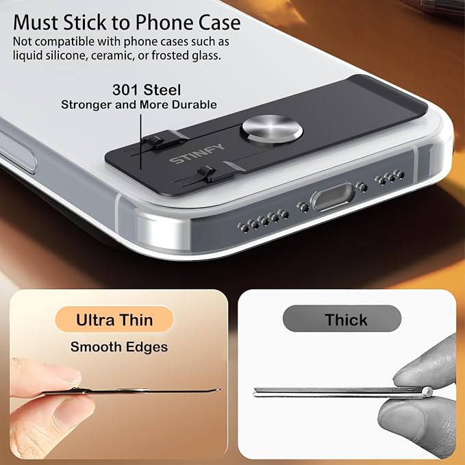 Phone Slim Kickstand, Ultra Thin Vertical and Horizontal 360° Rotating Universal Steel Metal Stable Stand Pocket Friendly Sticky Holder for iPhone Samsung Cellphone Case (Black 2-Pack)