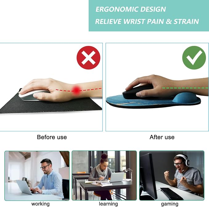 Mouse Pad with Wrist Support, Ergonomic Mouse Pad with Memory Foam Wrist Rest Cushion, Non-Slip Rubber Base Gaming Mice Pad for Home Office Computer Laptop, Green Marble