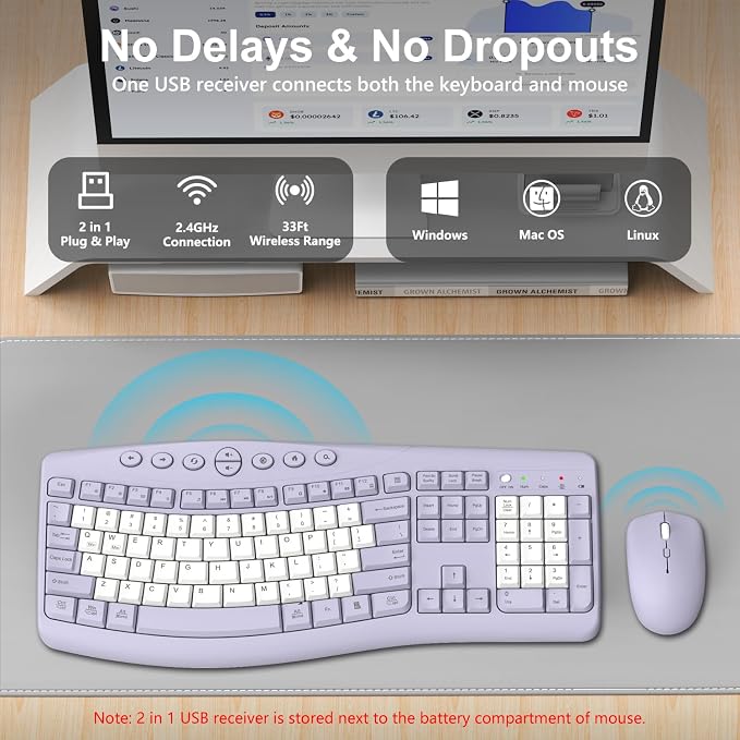 Wireless Keyboard and Mouse Combo, 2.4G Quiet Ergonomic Curved Keys (Purple-B)