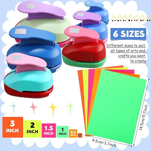 CHENGU 6 Pcs Square Punch Set 3in/2in/1.5in/1in/0.6in/0.3in Scrapbook Hole Punchers Crafting with 10 Sticker Paper Square Cutter Scrapbook for Office Supplies DIY Albums Photos(Multicolor)