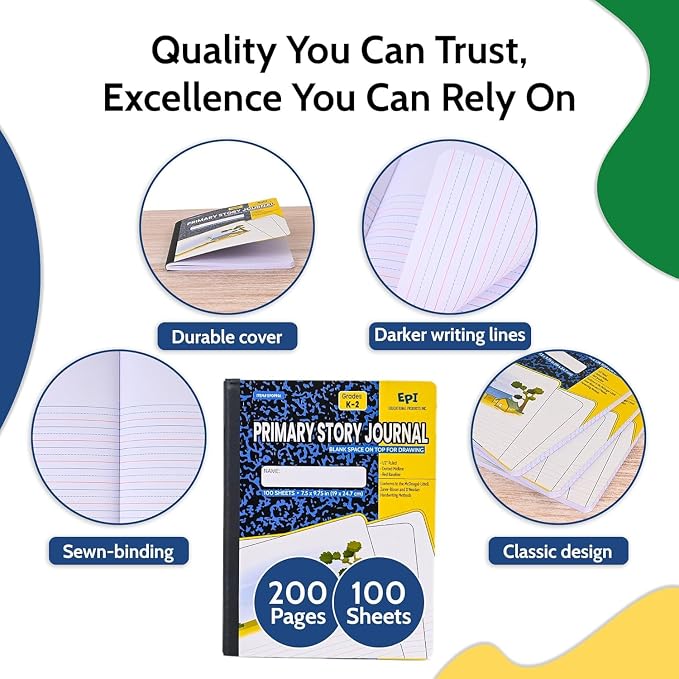 5040 Pack (Pallet) EPI Primary Ruled Composition Notebook Bulk, 200 pages (100 Sheets), 9-3/4 x 7-1/2, Blank Top Header For Drawing, Story Paper, Heavy Duty, School Supplies, Grades K-2, Sewn Binding