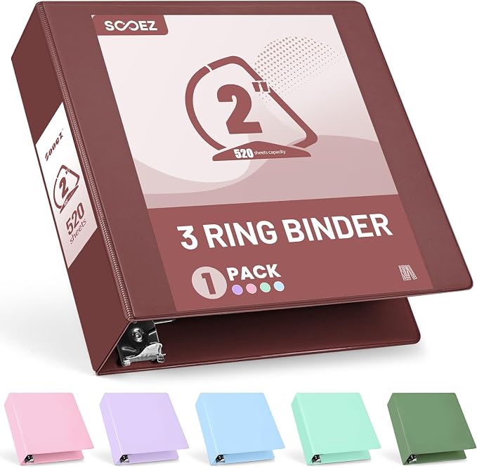 Sooez 3 Ring Binder 2 Inch, D-Ring Binder with Pocket, Burgundy Red, 8.5x11 | Holds 520-Sheet of Letter Paper, Extra Durable, PVC-Free, Clear View Cover, Interior Pockets, Eco-Friendly, School, Office