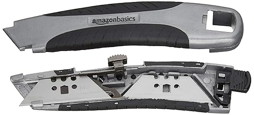 Amazon Basics Soft Grip Retractable Utility Knife with 3 Carbon Steel Blades, Quick Change Blade System, Black/Silver