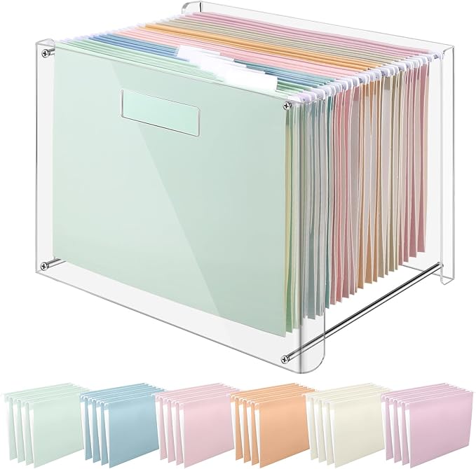 Dispowreath 24 Hanging File Folders Acrylic Desktop Organizer,Colorful | Clear Acrylic Box with Handles, Letter A4 Compatible, Colorful Tab Labels Included, for Classroom Office,Back to School