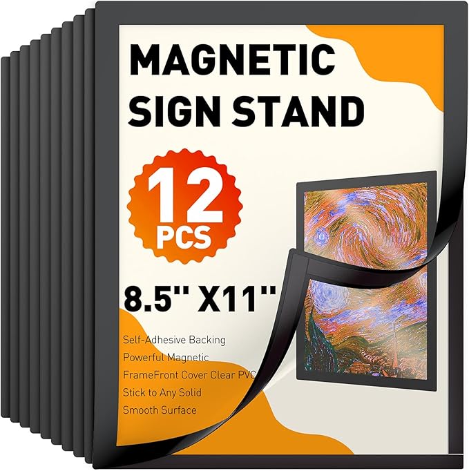 Uniclife 12 Pack Magnetic Sign Holder 8.5" x 11" Self-Adhesive Magnetic Picture Frame Wall Mounted Display Frame for Home Office Store Poster Document Holder for Wall Door Glass Window Refrigerator