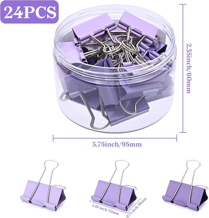 Temiary Binder Clips, Medium Metal Binder Paper Clip Purple 1.26Inch, 24 P | Colored Binding Paperwork Clamp Bulk for Office, Home, School