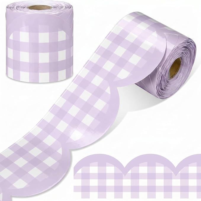 Zonon 65ft Purple Gingham Bulletin Board Border Pastel Scalloped Bulletin Board Trim Back to School Classrooms Decoration for Party Whiteboard, Walls, Desks, Windows, Doors, Lockers
