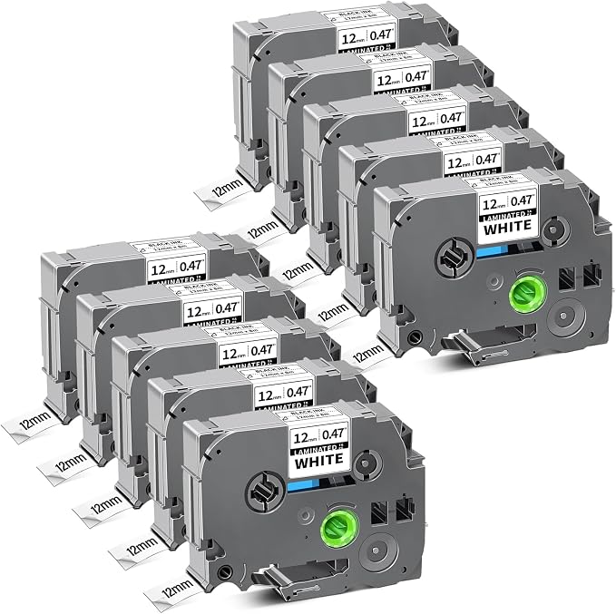10-Pack P Touch Label Maker TZe-231 Tape 12mm 0.47" Laminated White | Compatible for Brother TZe-231 TZe231 TZ-231 Label Tape 1/2” Work with Ptouch PT-D220 PTD220 D200 D210 H100 D400 D600 1280