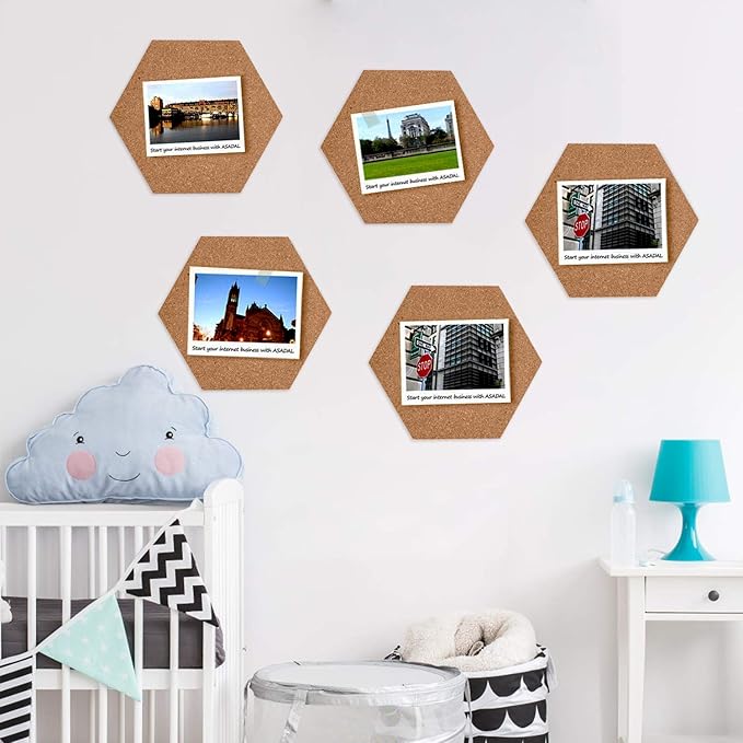 HBlife 10 Pack Hexagon Self-Adhesive Cork Board Tiles Mini Wall Bulletin Board with 50 Multi-Color Push Pins 12" x 10"