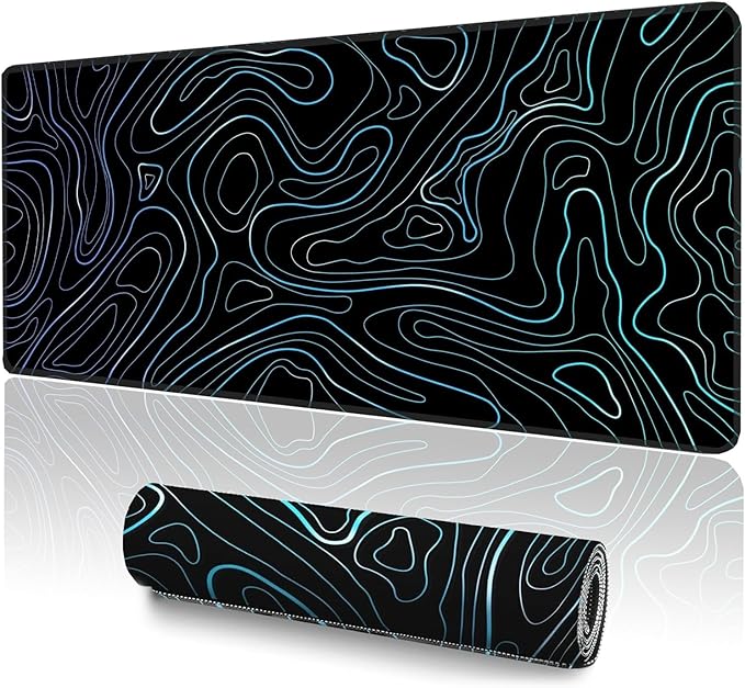 Topographic XL Mouse Pad (35.4x15.7 Inch), Large Gaming Desk Mat with Stitched Edges, Waterproof Non-Slip XXL Keyboard Pad, Aesthetic Blue Line Art Desk Decor