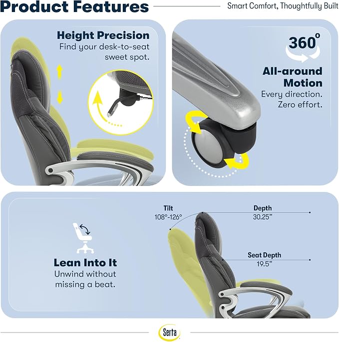 Serta Bryce Executive Office Chair - Ergonomic Computer Desk Chair with Patented AIR Lumbar Technology - Adjustable Height - Memory Foam Body Pillows - 360° Swivel Rolling Base - Bonded Leather - Gray