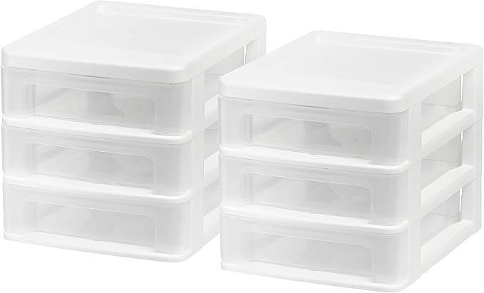 IRIS USA 2-Pack, 3-Drawer Small Plastic Stacking Desktop Organizer, White | Keep dorm desks tidy with drawers for school supplies, makeup, chargers, snacks and everyday college essentials