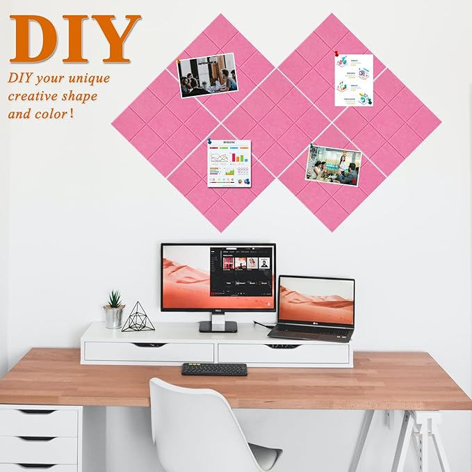 Large Square Felt Cork Board Tiles, Self Adhesive DIY Felt Bulletin Board Pin Board with 35 Pushpins for Office School Home Wall Decor Stickers Memos Photos Display (Pink)
