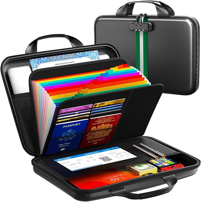 Fireproof Accordion File Organizer with Lock,Hard-Shell Fireproof Document Box with 13 Pockets for Certificates, Passports Laptop Important Documents Portable Home Office Travel Safe Storage