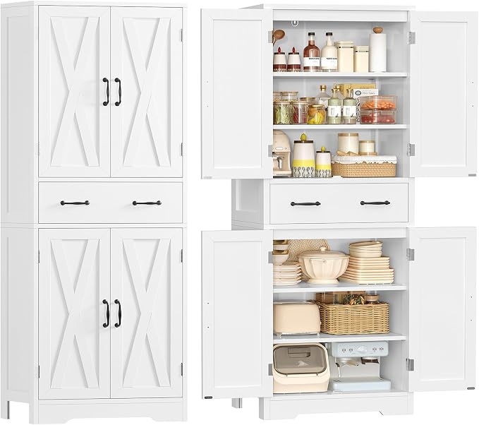 Tall Storage Cabinet with 2 Adjustable Shelves & 1 Large Drawer, Kitchen Pantry Cabinet with 4 Doors, Bathroom Storage Cabinets, for Living Room, Kitchen, Bathroom, White