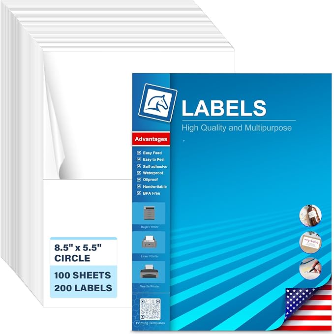 Shipping Labels 8.5" x 5.5" Half Sheet Printable Sticker Paper for Inkjet Printer, Mailing, Shipping, Organizing, 5 1/2 x 8 1/2 Half Page Labels (100 Sheets)