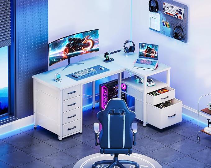 Coleshome 55 Inch L Shaped Office Desk with 6 Drawers, Power Outlet, White | 5 Fabric Drawers, File Drawer, USB and Type-C Ports, Open Storage Shelf, Reversible Layout for Home Office