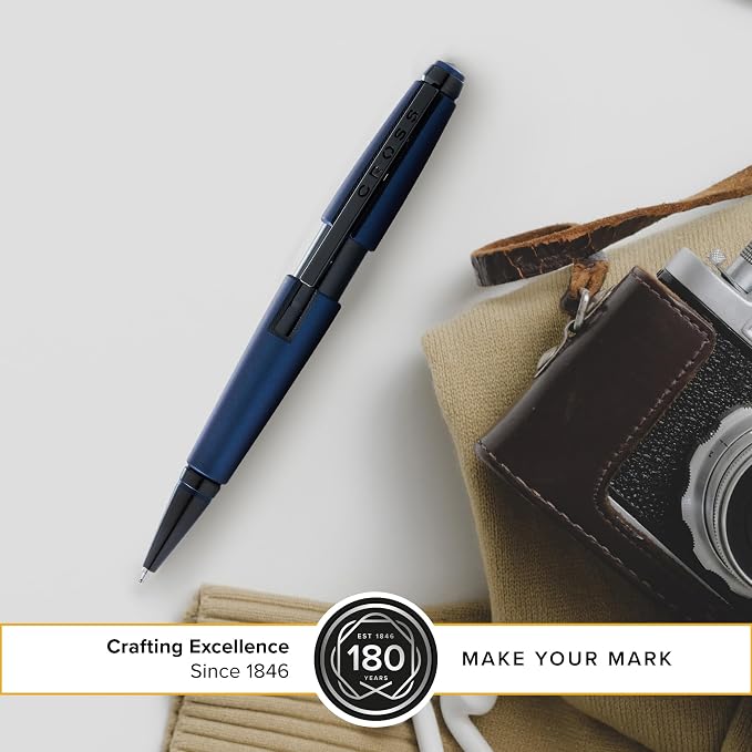 Cross Edge Matte Blue Lacquer Gel Rollerball Pen, Medium Point, Black Ink | Elegant Accessory for Smooth Writing, Capless Slide-Open and Snap-Shut Design, Ergonomic Shape, Comfortable Grip, Gift-Ready