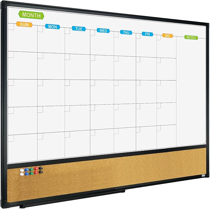 Magnetic Calendar Whiteboard & Bulletin Corkboard Combination, Combo Board 36 x 24 Inch, Black Aluminum Frame Wall Mounted Board for Office Home and School with 10 Push Pins