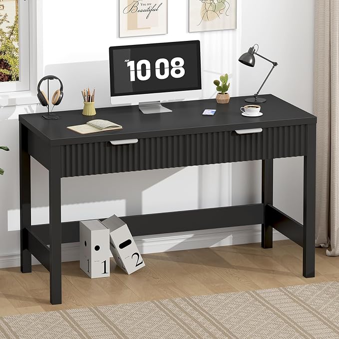47 Inch Small Fluted Computer Desk with 2 Drawers for Bedroom, Home Office | Small Computer Desk with Storage, Compact Writing Study Vanity Desk for Small Spaces, Black