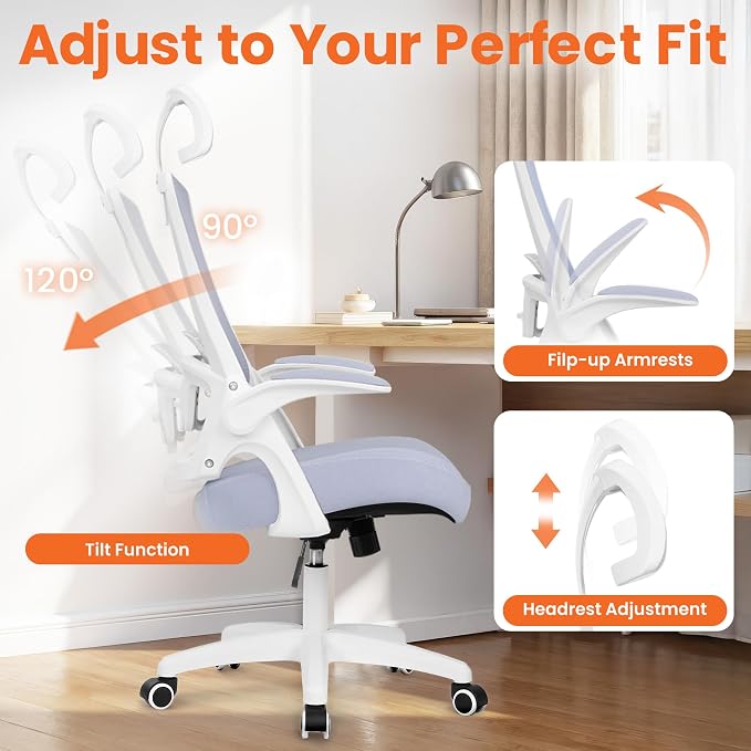 NEO CHAIR Office Desk Chair with Ergonomic High Back Mesh Headrest, Purple | Adjustable Headrest and Lumbar Support with Flip-Up Armrests Designed for Extended Sitting Comfort While Saving Space